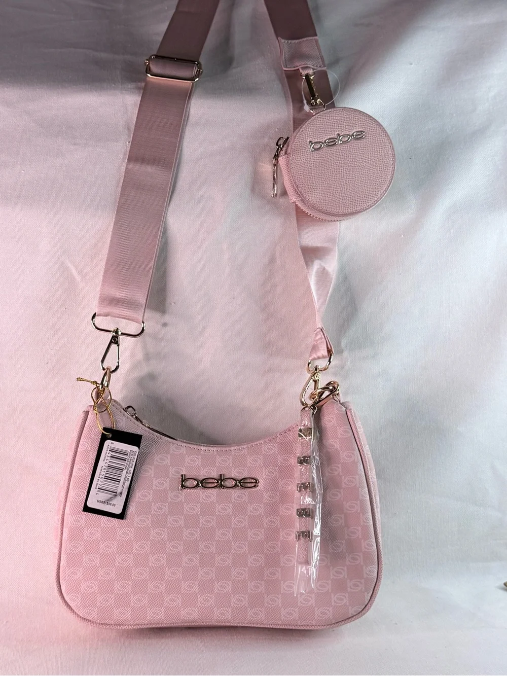 bebe Pink Signature Crossbody Bag with Coin Pouch, Keychain and adjustable Strap